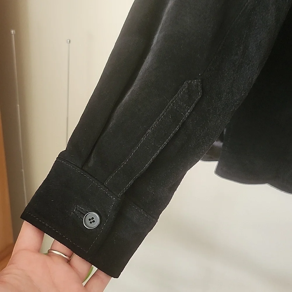 Vintage AMI black genuine leather button up jacket, satin lined, women's large